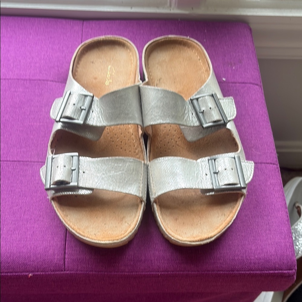 Clarks Shimmering Silver Buckle Sandals